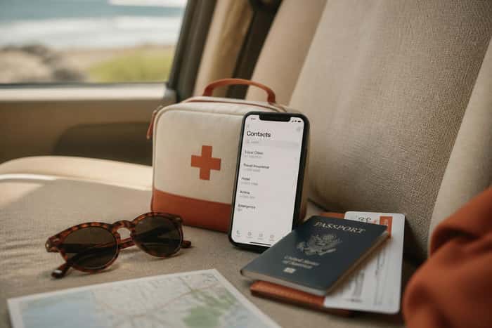 First-aid kit and travel documents resting on a car seat in Greece