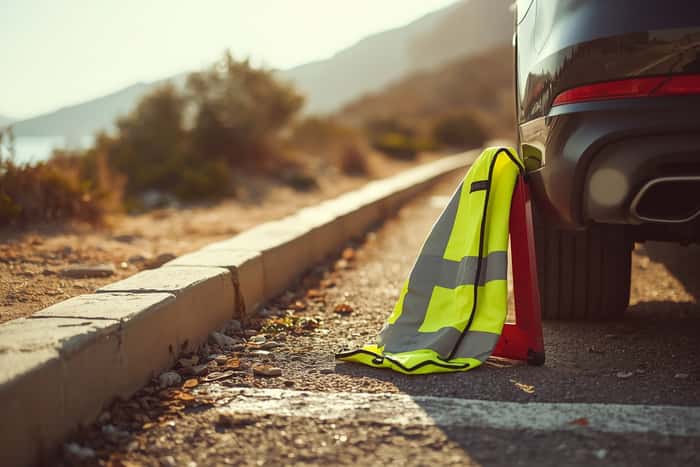 Reflective safety vest and warning triangle laid out beside a car in Greece